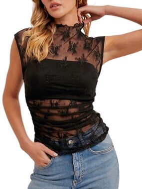 171. Black Sheer Lace Mock Neck Tank Top